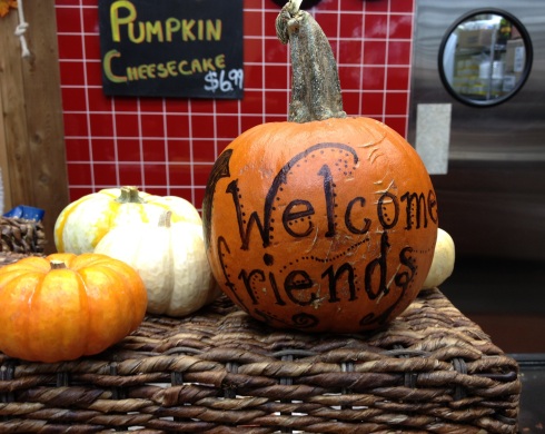 A pumpkin welcome sign